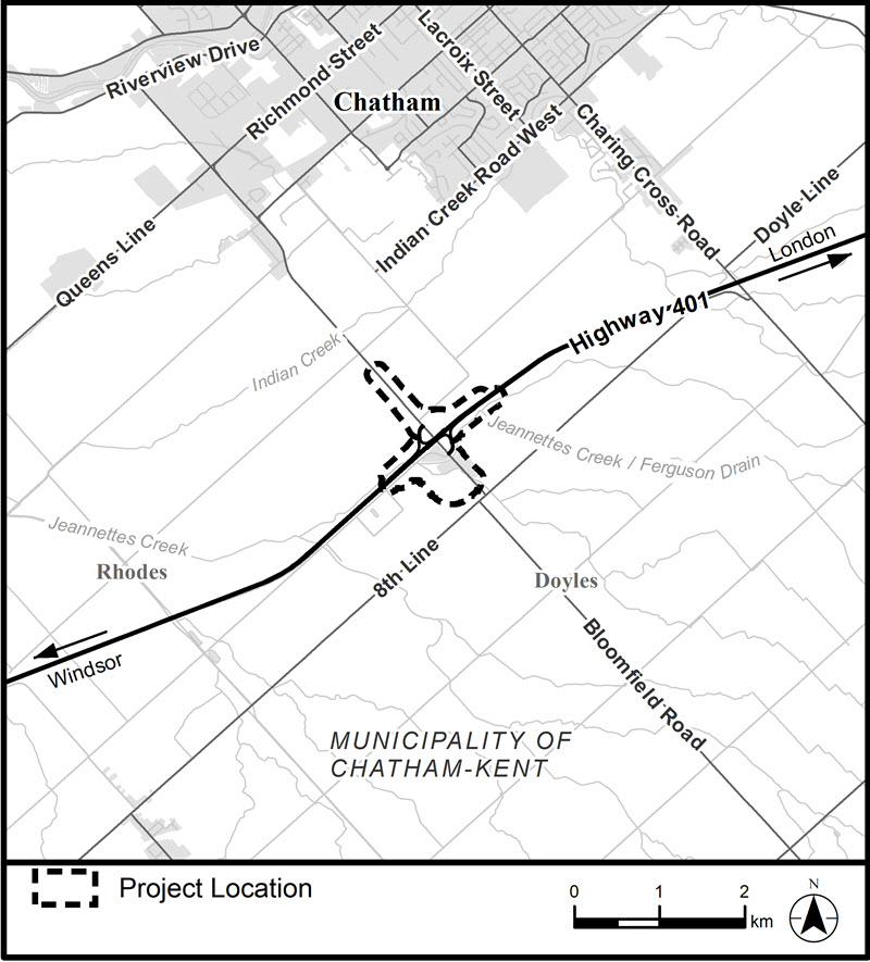 Figure showing the study area, which encompasses the Highway 401 and Bloomfield Road Interchange, located within the Municipality of Chatham-Kent